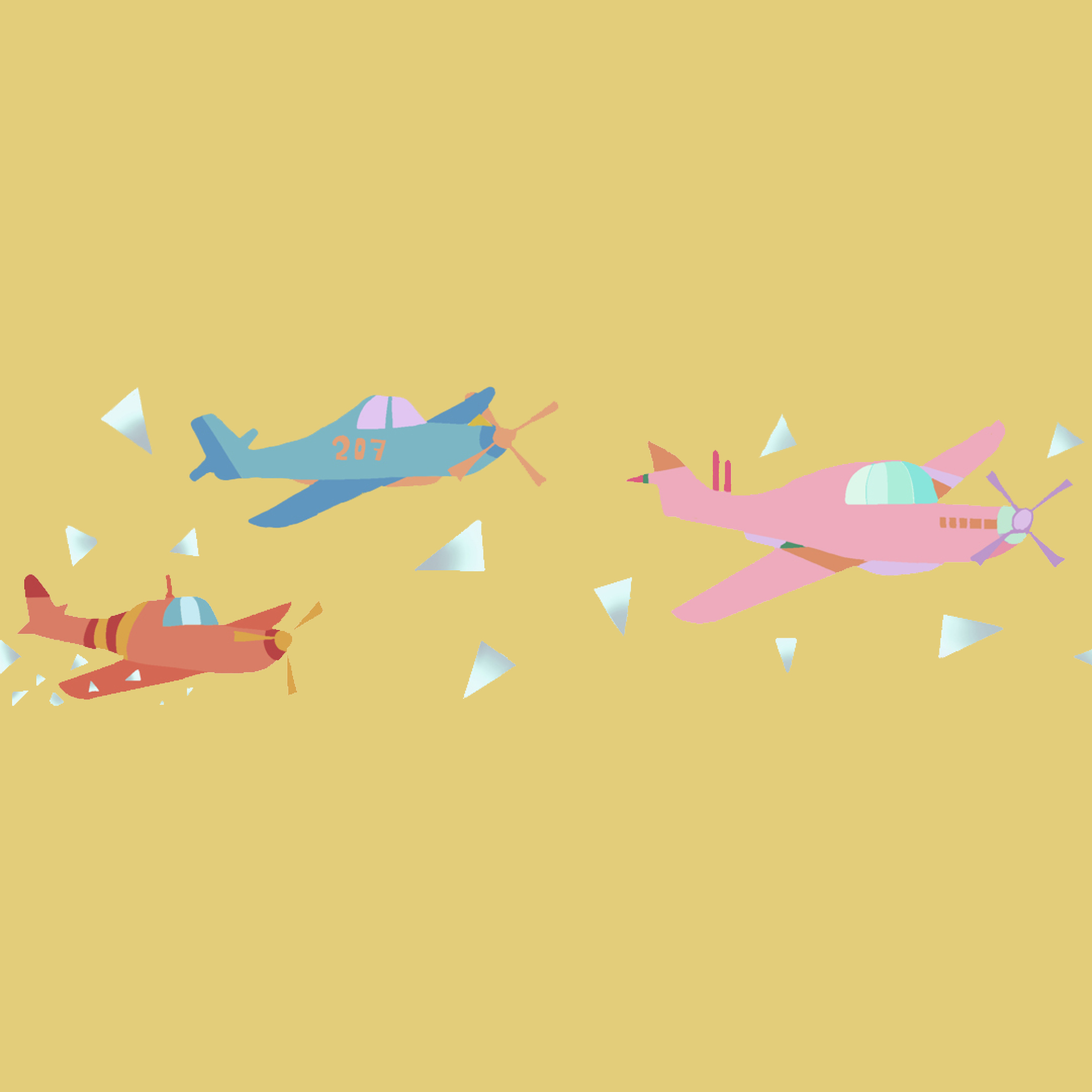 Illustrative artwork of three flying spitfire planes 